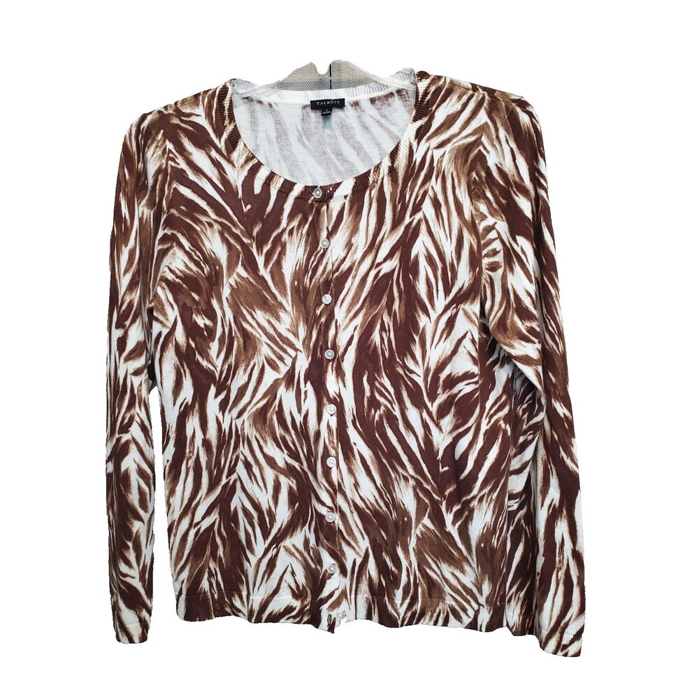 TALBOTS Brown Charming Feathered Waves Button-Up Cardigan Size Large